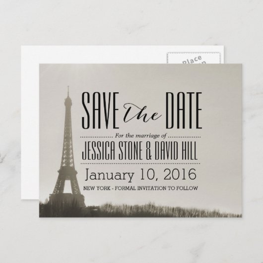 パリエッフェルタワーヴィンテージウェディング日付を保存 案内ポストカード (正面/裏面)