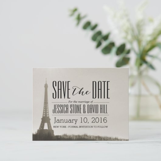 パリエッフェルタワーヴィンテージウェディング日付を保存 案内ポストカード (スタンド正面)