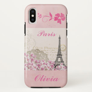 パリエッフェルタワーヴィンテージピンクの花の名前を追加 iPhone XSケース