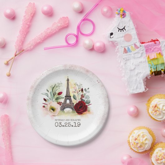 パリエッフェルタワーヴィンテージピンク金ゴールドグリッター ペーパープレート (パーティー)