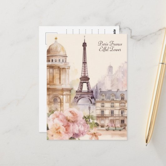 パリエッフェルタワーヴィンテージ水彩旅行 ポストカード (正面/裏面インサイチュ)