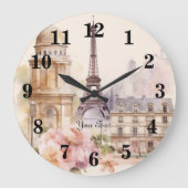 パリエッフェルタワーヴィンテージ水彩旅行 ラージ壁時計 (正面)