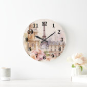 パリエッフェルタワーヴィンテージ水彩旅行 ラージ壁時計 (ホーム)