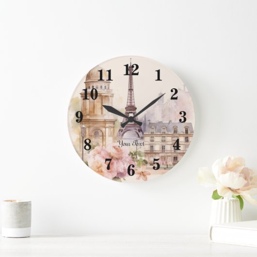 パリエッフェルタワーヴィンテージ水彩旅行 ラージ壁時計 (ホーム)