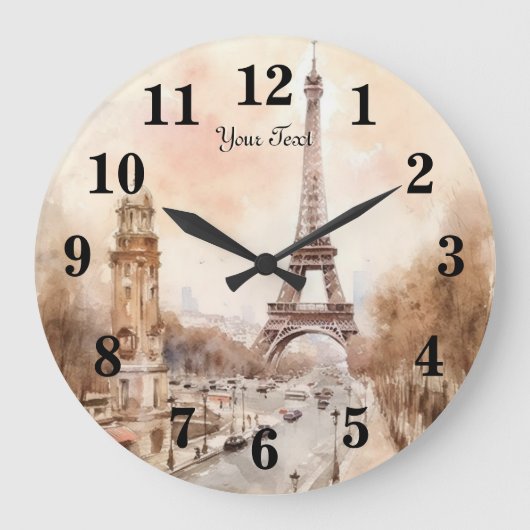 パリエッフェルタワーヴィンテージ水彩旅行 ラージ壁時計 (正面)