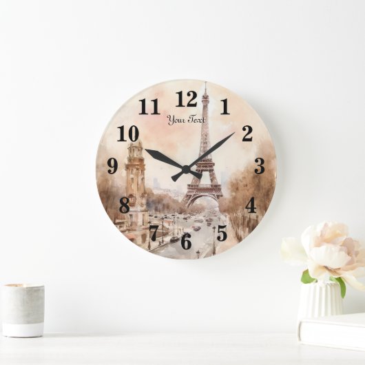 パリエッフェルタワーヴィンテージ水彩旅行 ラージ壁時計 (ホーム)