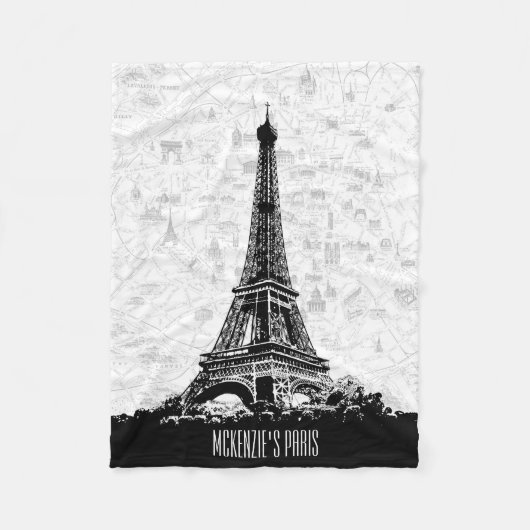 パリエッフェルタワー白黒ヴィンテージマップ名 フリースブランケット (正面)