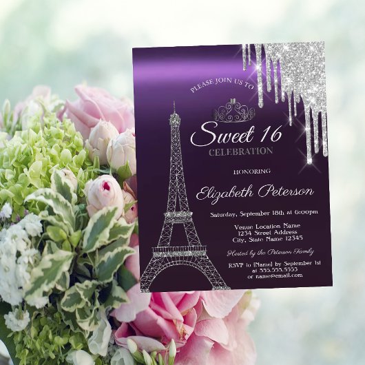パリエッフェルタワー、ドリップ、紫メタリックスイート16 招待状