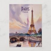 パリエッフェルタワーFranceサンセットウォーターカラートラベル ポストカード (正面)