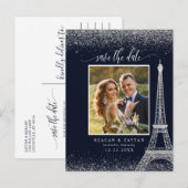 パリエッフェルタワーNavy Silver Photo Save The Date 案内ポストカード (正面/裏面)
