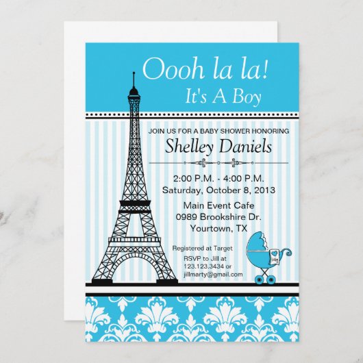 パリエッフェル塔のテーマのベビーシャワーの青 招待状 (正面/裏面)