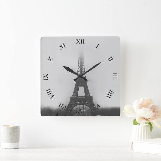 パリエッフェル塔の霧B&Wの正方形の柱時計 スクエア壁時計 (ホーム)