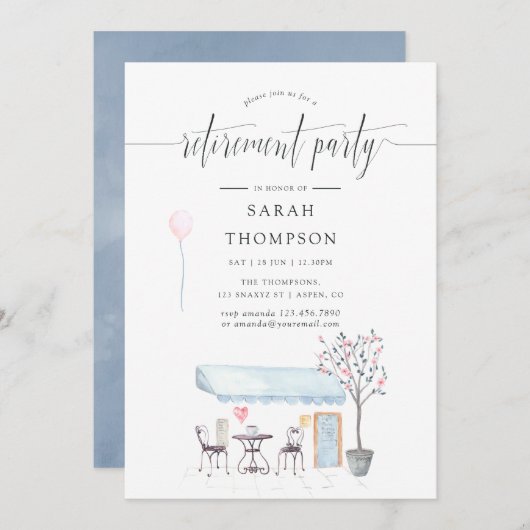 パリカフェウォーターカラーリタイアメントパーティの招待状 招待状 (正面/裏面)