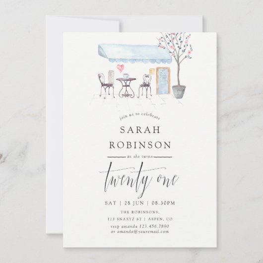 パリカフェウォーターカラー21st誕生日パーティー招待状 招待状 (正面)