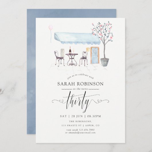 パリカフェウォーターカラー30th誕生日パーティー 招待状 (正面/裏面)