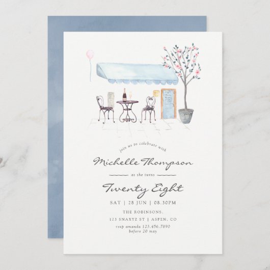 パリカフェウォーターカラーAny Age誕生日パーティー 招待状 (正面/裏面)