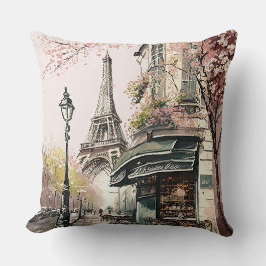 パリカフェエッフェルタワーピンクさくらんぼの花 クッション (正面)