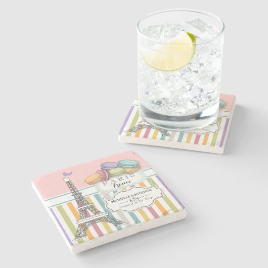 パリカラフルマカロンエッフェルタワー名結婚ズ ストーンコースター (横)