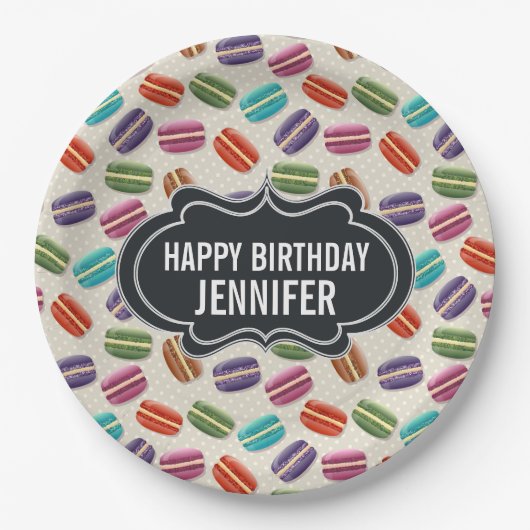 パリカラフルマカロンパターン誕生日 ペーパープレート (正面)