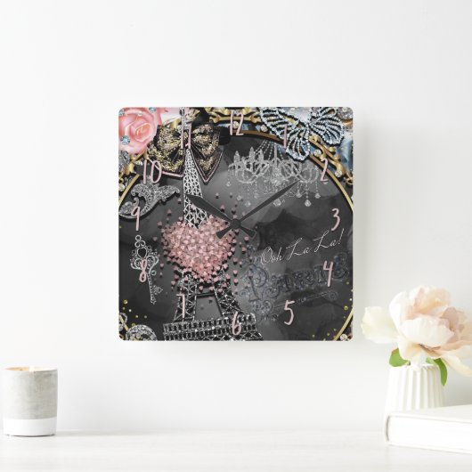 パリグラマーきらきら光るスパークルフランスガーリートレンディー スクエア壁時計 (ホーム)