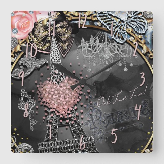 パリグラマーきらきら光るスパークルフランスガーリートレンディー スクエア壁時計 (正面)