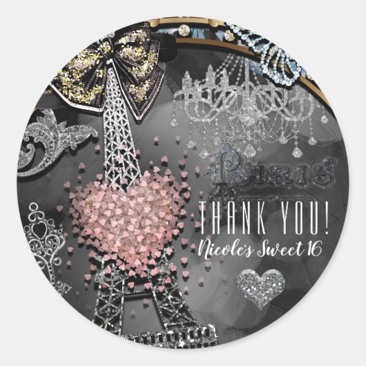 パリグラマーきらきら光るスパークルフランススウィート16パーティー ラウンドシール (正面)