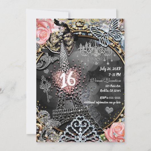 パリグラマーきらきら光るスパークルフランスバースデーパーティー 招待状 (裏面)