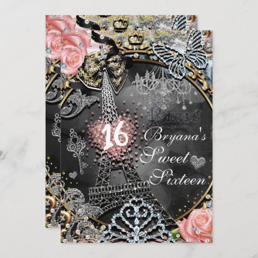 パリグラマーきらきら光るスパークルフランスバースデーパーティー 招待状 (正面/裏面)