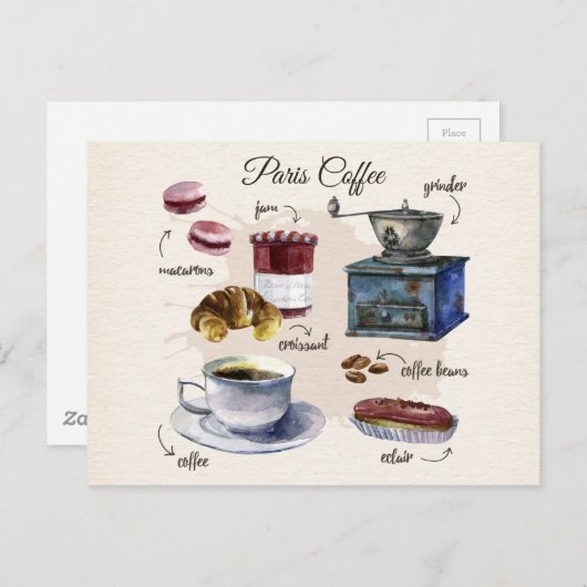 パリコーヒーとパティシリーのイラストレーション ポストカード (正面/裏面)