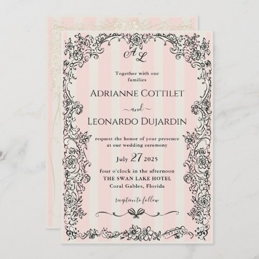 パリシック華美ピンクストライプ結婚式招待状 招待状 (正面/裏面)