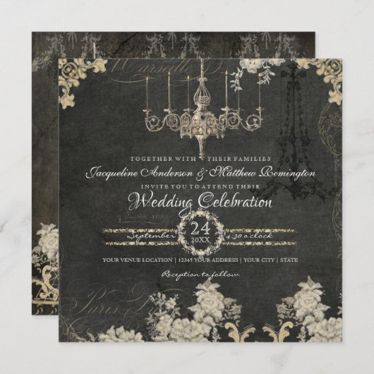 パリシャルボードヴィンテージシャンデリアタイポグラフィアート 招待状 (正面/裏面)