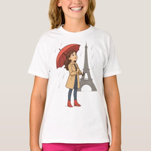 "パリジェンヌの夢" - エッフェル塔の下の傘の少女 Tシャツ (正面)