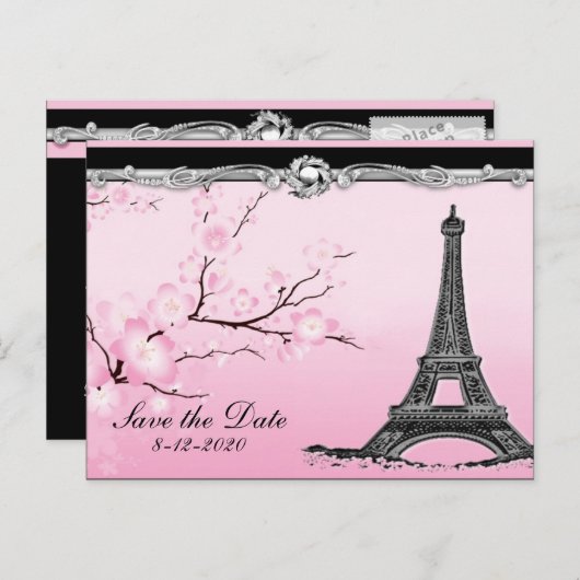 パリジャンエッフェルタワーウェディング日付カードを保存 案内ポストカード (正面/裏面)