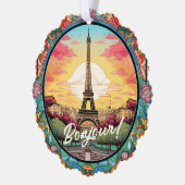 パリジャンサンセットエッフェルタワーパリフランスのフローラ オーナメントカード (左)
