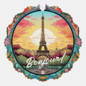 パリジャンサンセットエッフェルタワーパリフランスのフローラ オーナメントカード (正面)
