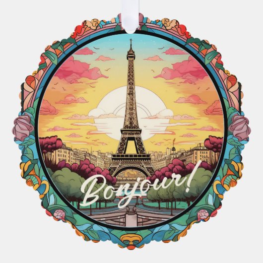 パリジャンサンセットエッフェルタワーパリフランスのフローラ オーナメントカード (正面)