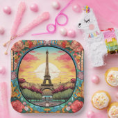 パリジャンサンセットエッフェルタワーパリフランスのフローラ ペーパープレート (パーティー)