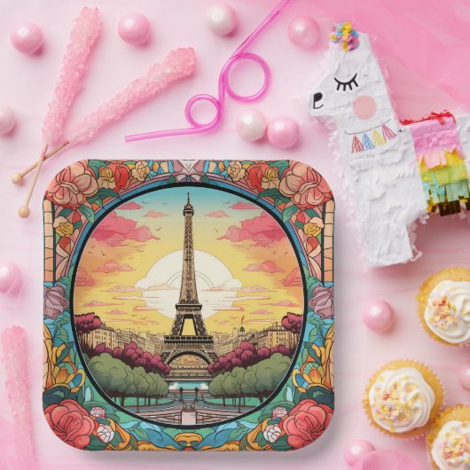 パリジャンサンセットエッフェルタワーパリフランスのフローラ ペーパープレート (パーティー)