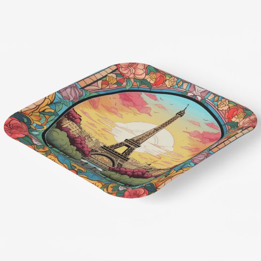 パリジャンサンセットエッフェルタワーパリフランスのフローラ ペーパープレート (傾斜あり)