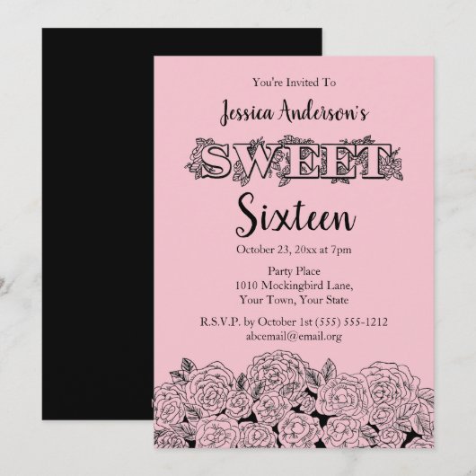 パリジャンブティックピンクブラックバラSweet sixteen 招待状 (正面/裏面)