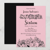 パリジャンブティックピンクブラックフローラSweet sixteen 招待状 (正面/裏面)