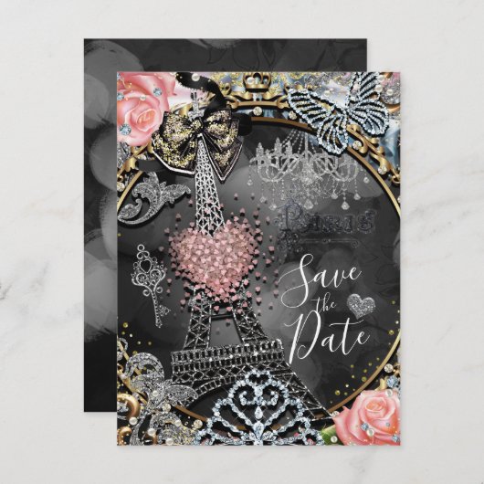 パリスきらきら光るグラマールスパークルフランスSave the Date 案内ポストカード (正面/裏面)