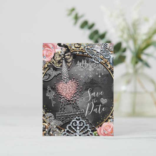 パリスきらきら光るグラマールスパークルフランスSave the Date 案内ポストカード (スタンド正面)
