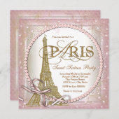パリスイート16パーティーピンク&金ゴールドパール 招待状 (正面/裏面)