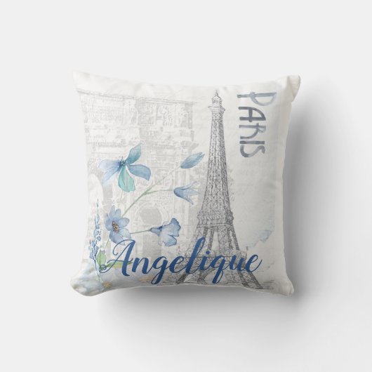 パリスシーンブルーフラワーズカスタム クッション (正面)
