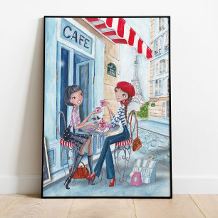 パリスタイリッシュスイラストレーションの青と赤の茶 ポスター