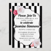 パリスタイルのブラック＆ホワイトの花柄ローズ 招待状 (正面/裏面)