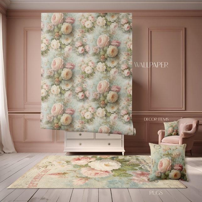 パリスフランスのフラワーヴィンテージピンクとブルーフローラ 壁紙 (クリエイターアップロード済み)