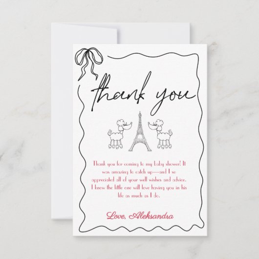 パリスプードルフランスのベビーシャワーブラックピンク サンキューカード (正面)