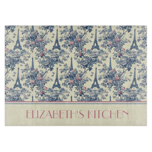 パリス名門私立校風のトイルピンクアンドブルーモノグラム カッティングボード (正面)